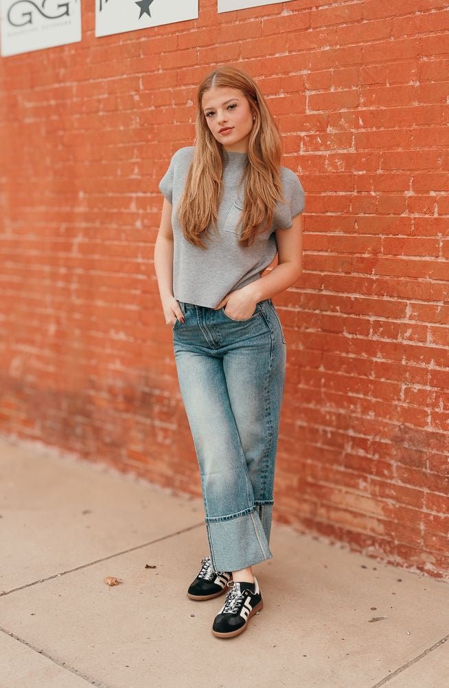 Straight Leg Cuffed Denim Pants P3532 - Southern Soule Designs