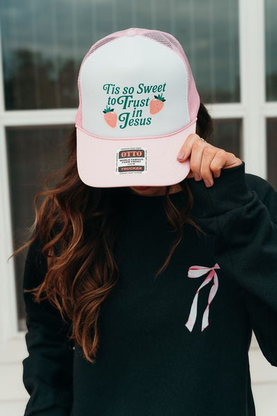 Sweet Jesus Faith Strawberry Trucker Cap Pink/White - Southern Soule Designs