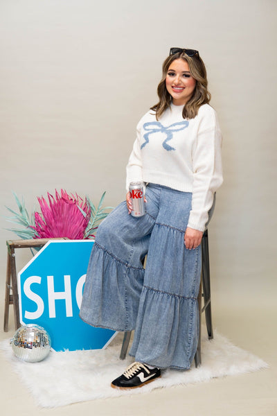 SWT2064 Cream/BL Ribbon Sweater - Southern Soule Designs