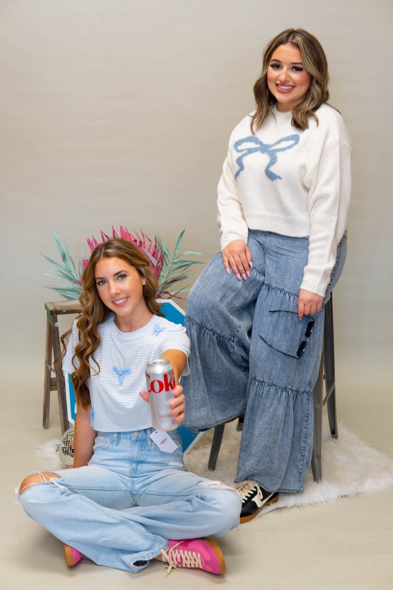 SWT2064 Cream/BL Ribbon Sweater - Southern Soule Designs