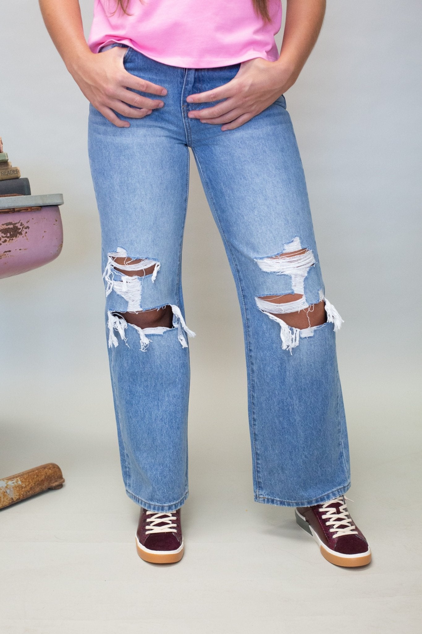 T6033 High Rise Distressed Wide Leg Jean - Southern Soule Designs