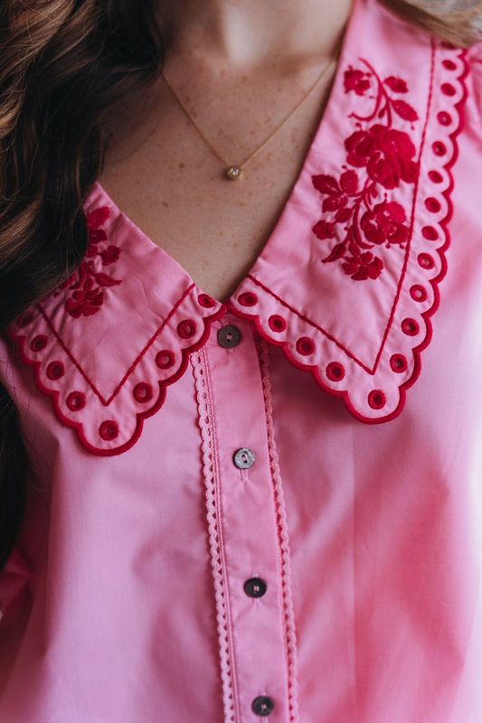 Pink Bubble Sleeve Top with Embroidered Chelsea Collar T25510