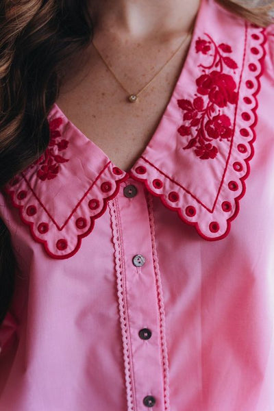 Pink Bubble Sleeve Top with Embroidered Chelsea Collar T25510
