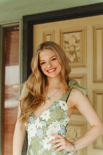 Green Tulle Shoulder Strap Floral Mini Dress ST4006DR22