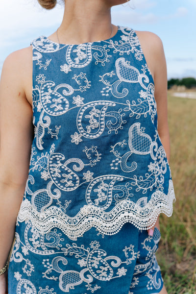 Denim Embroidered Sleeveless Top ILT5722