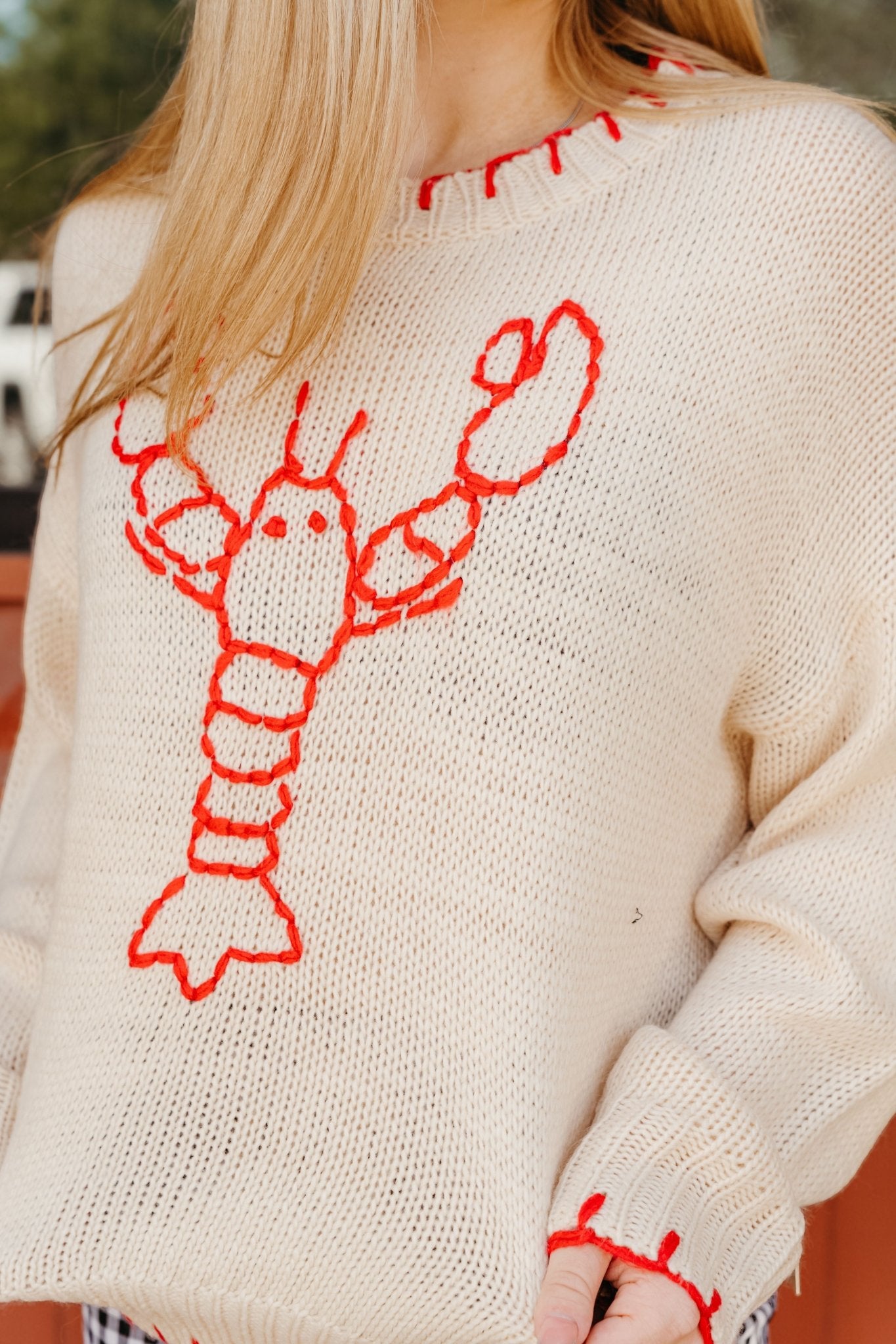 Tan Lobster Lightweight Sweater Red Stitching BRW2936 - 3 - Southern Soule Designs