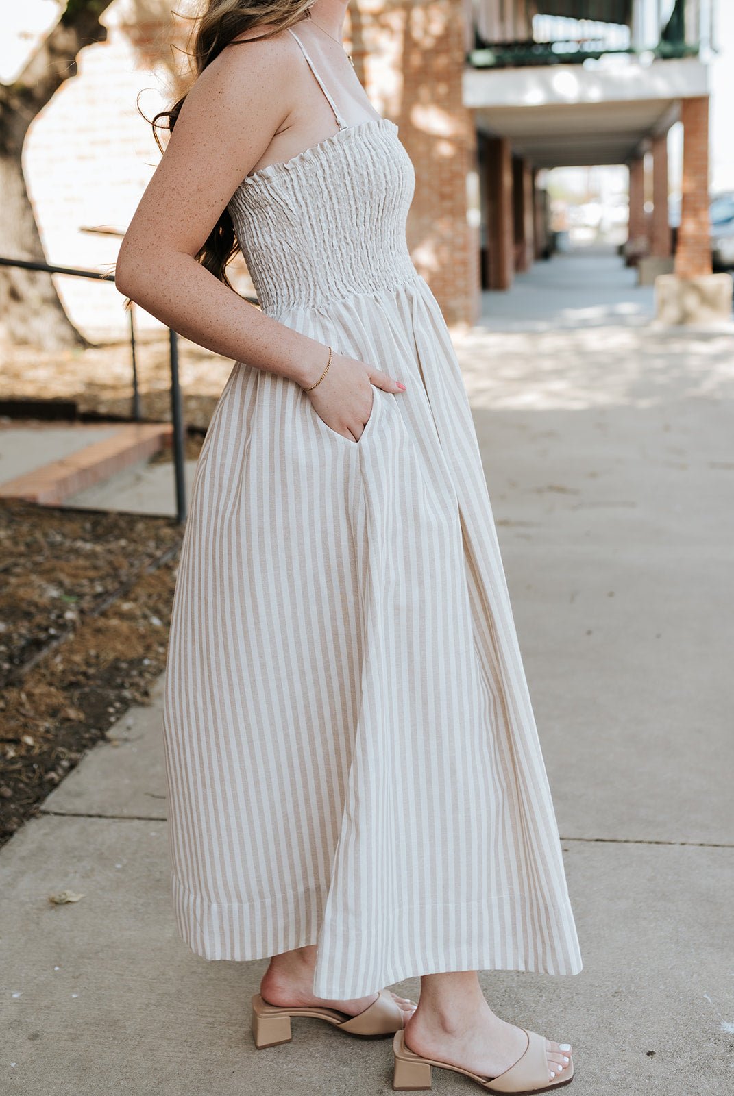 Tan Striped Fabric with Smocking Top Maxi Dress D6645 - Southern Soule Designs