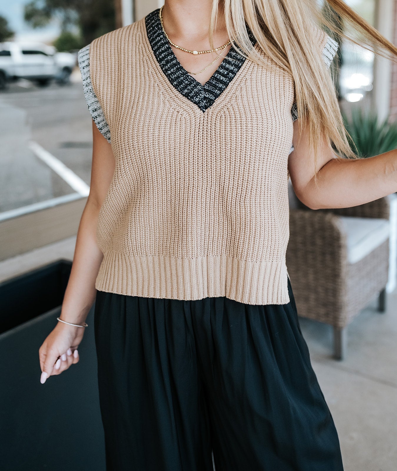 Tan/Black Trim Deep V Sweater Vest SWB11744 - Southern Soule Designs