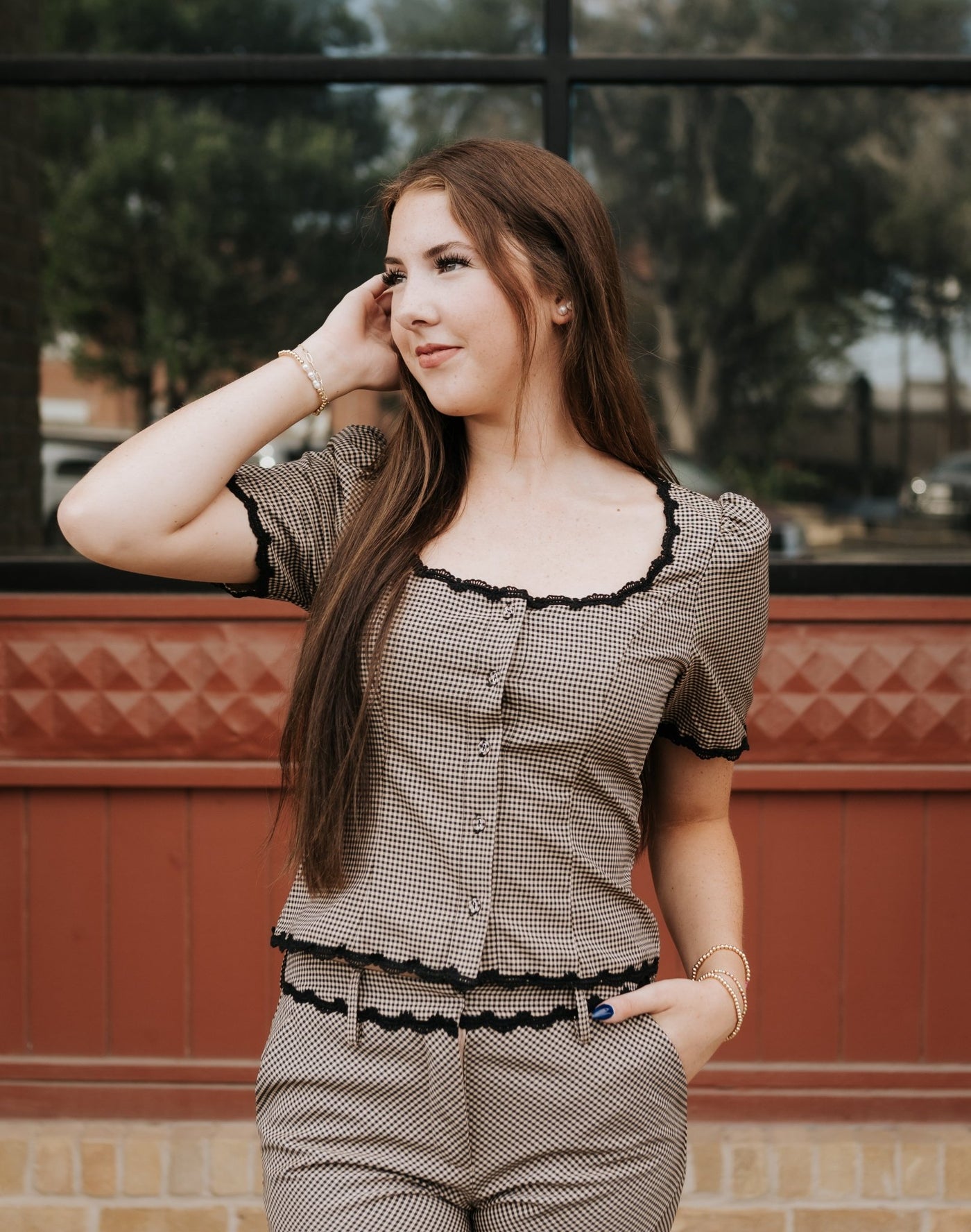 Taupe Bobby Gingham Blouse S2255T - Southern Soule Designs