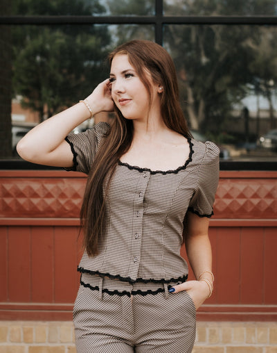 Taupe Bobby Gingham Blouse S2255T - Southern Soule Designs