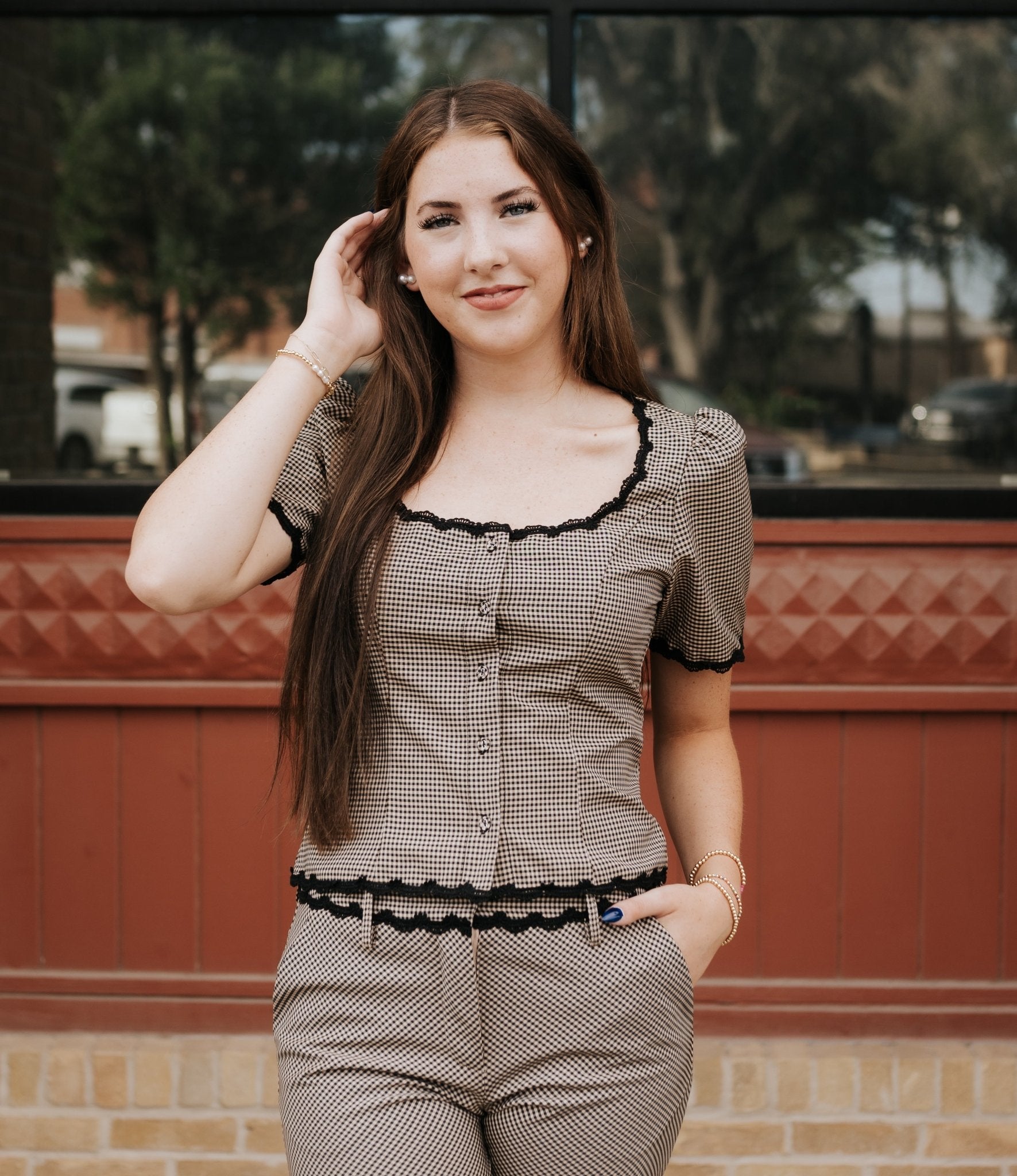 Taupe Bobby Gingham Blouse S2255T - Southern Soule Designs