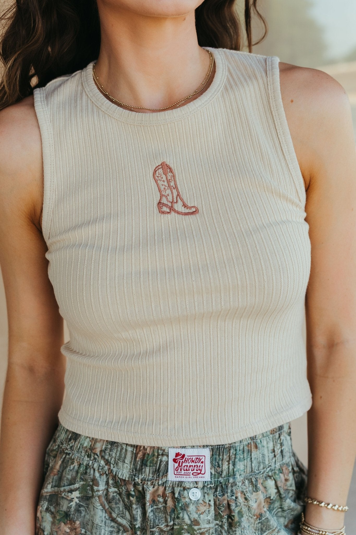 Taupe Embroidery Detail Rib Tank Top ST2792 - 1 - Southern Soule Designs