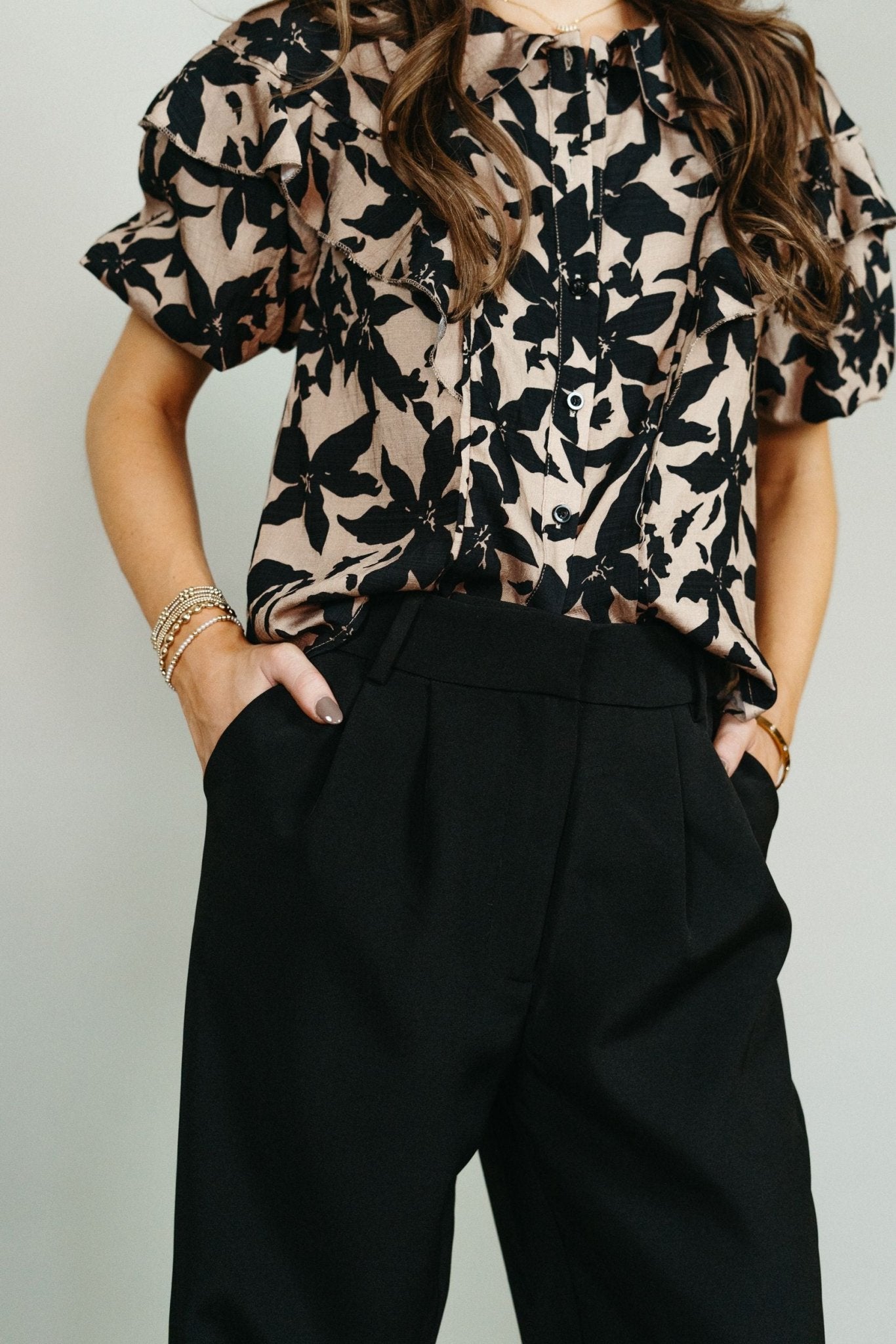 Taupe Floral Button Down Ruffle Blouse CT9014 - Southern Soule Designs