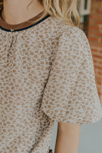 Taupe Floral Texture Puff Sleeve Top 34644 - Southern Soule Designs