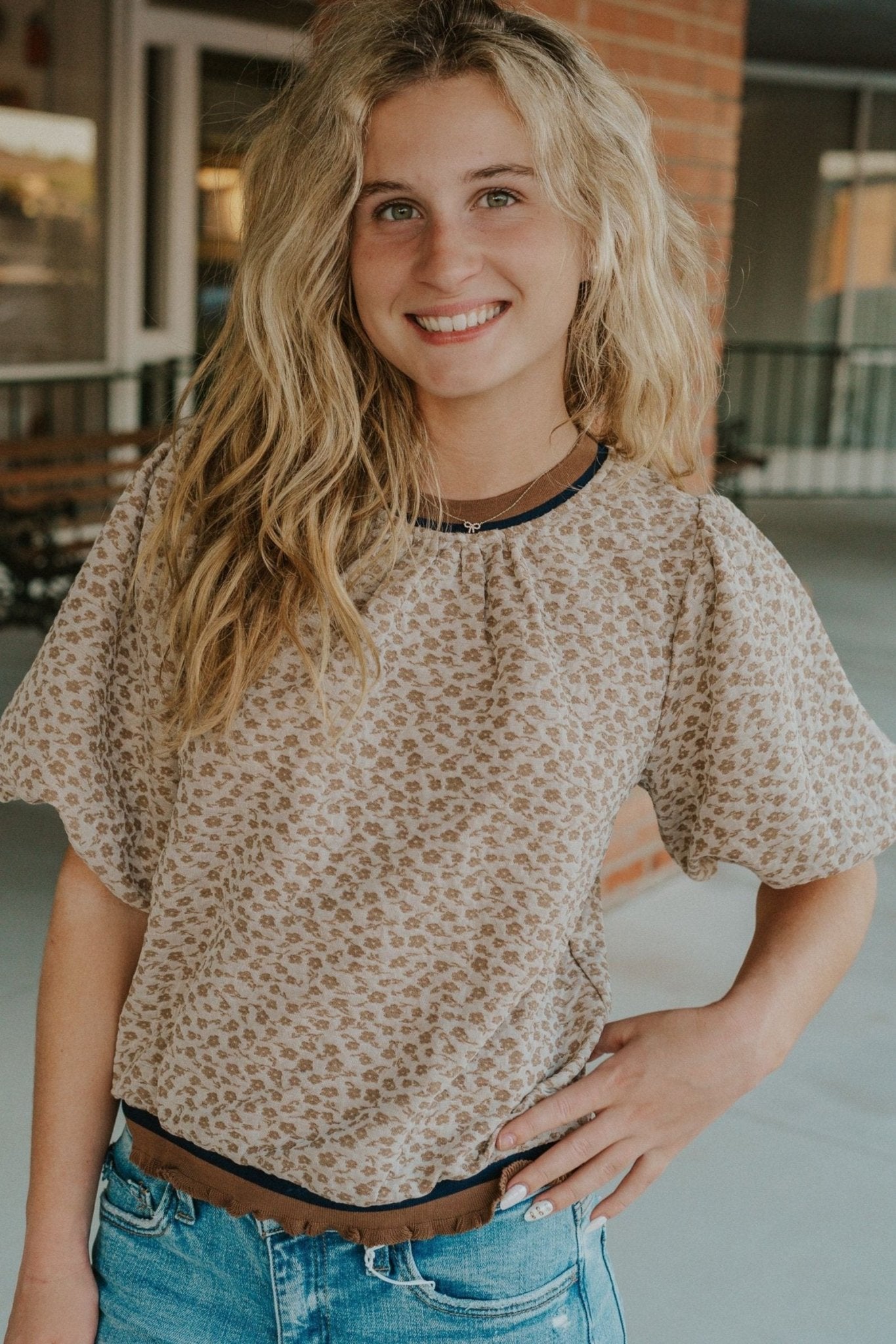 Taupe Floral Texture Puff Sleeve Top 34644 - Southern Soule Designs