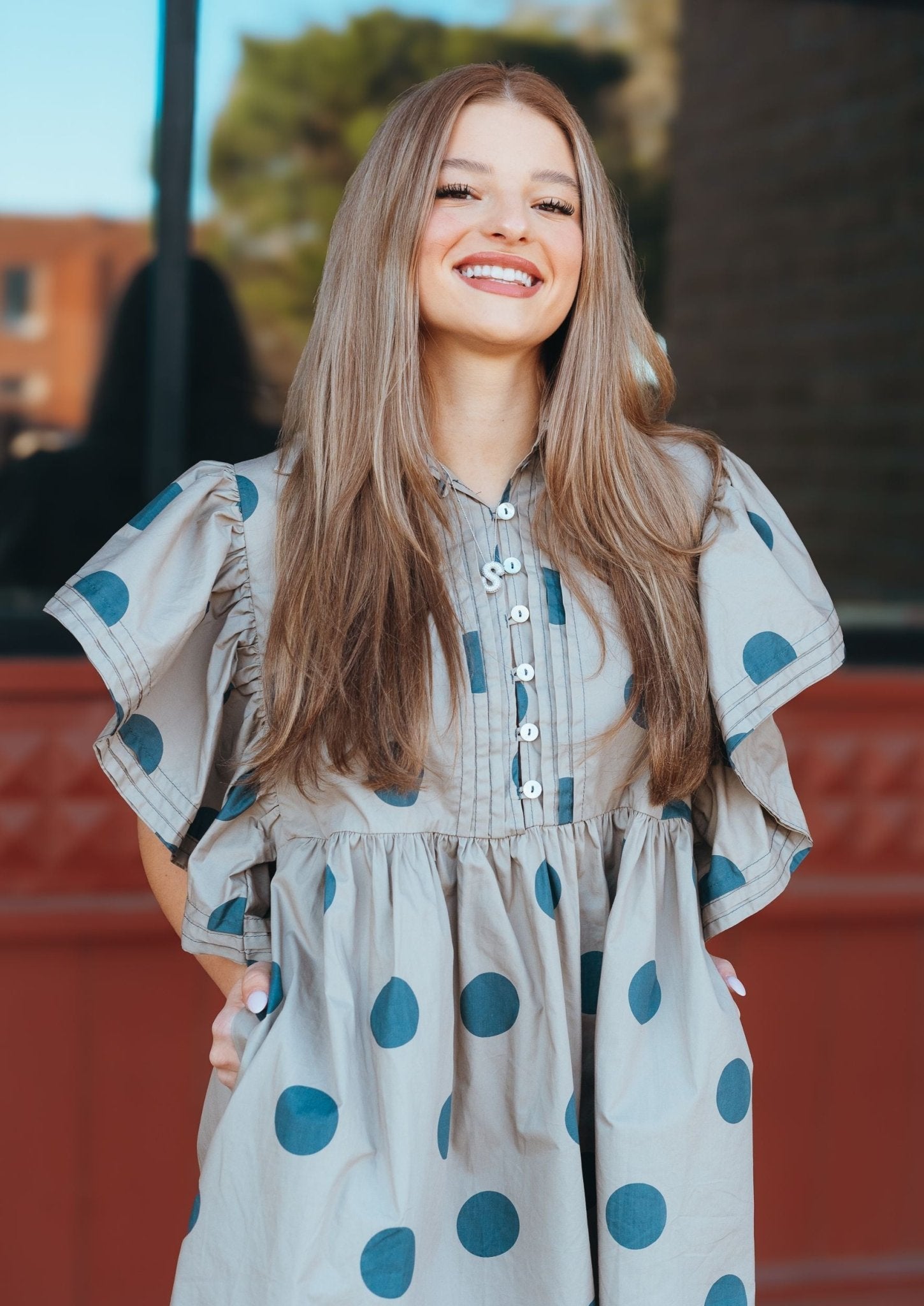 Taupe Polka Dot Mini Dress ID4283 - Southern Soule Designs