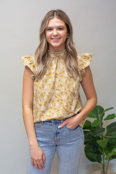 Taupe Ruffle Sleeve Floral Top - Southern Soule Designs