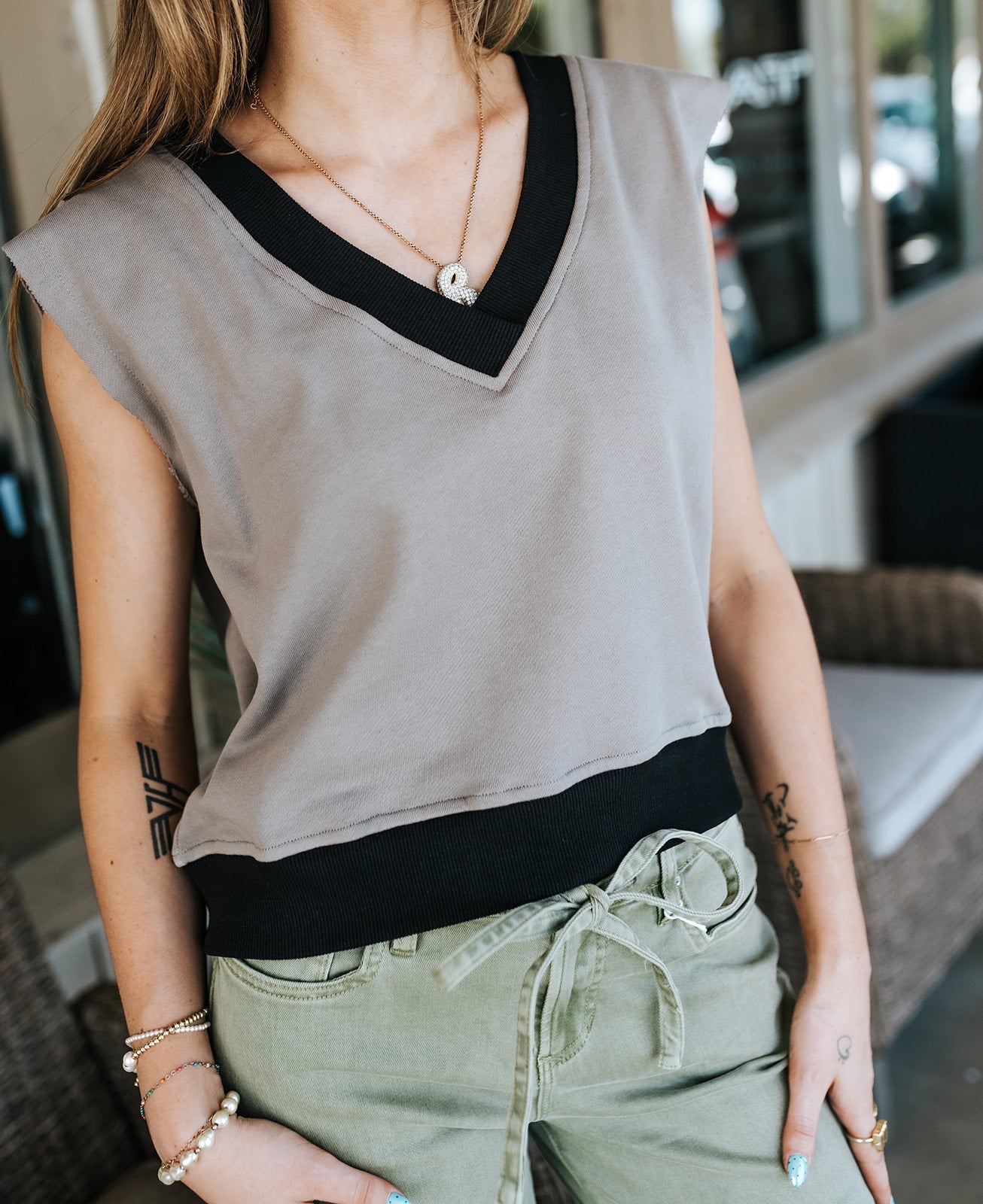 Taupe/Black V-Neck Vest FTB11701 - Southern Soule Designs