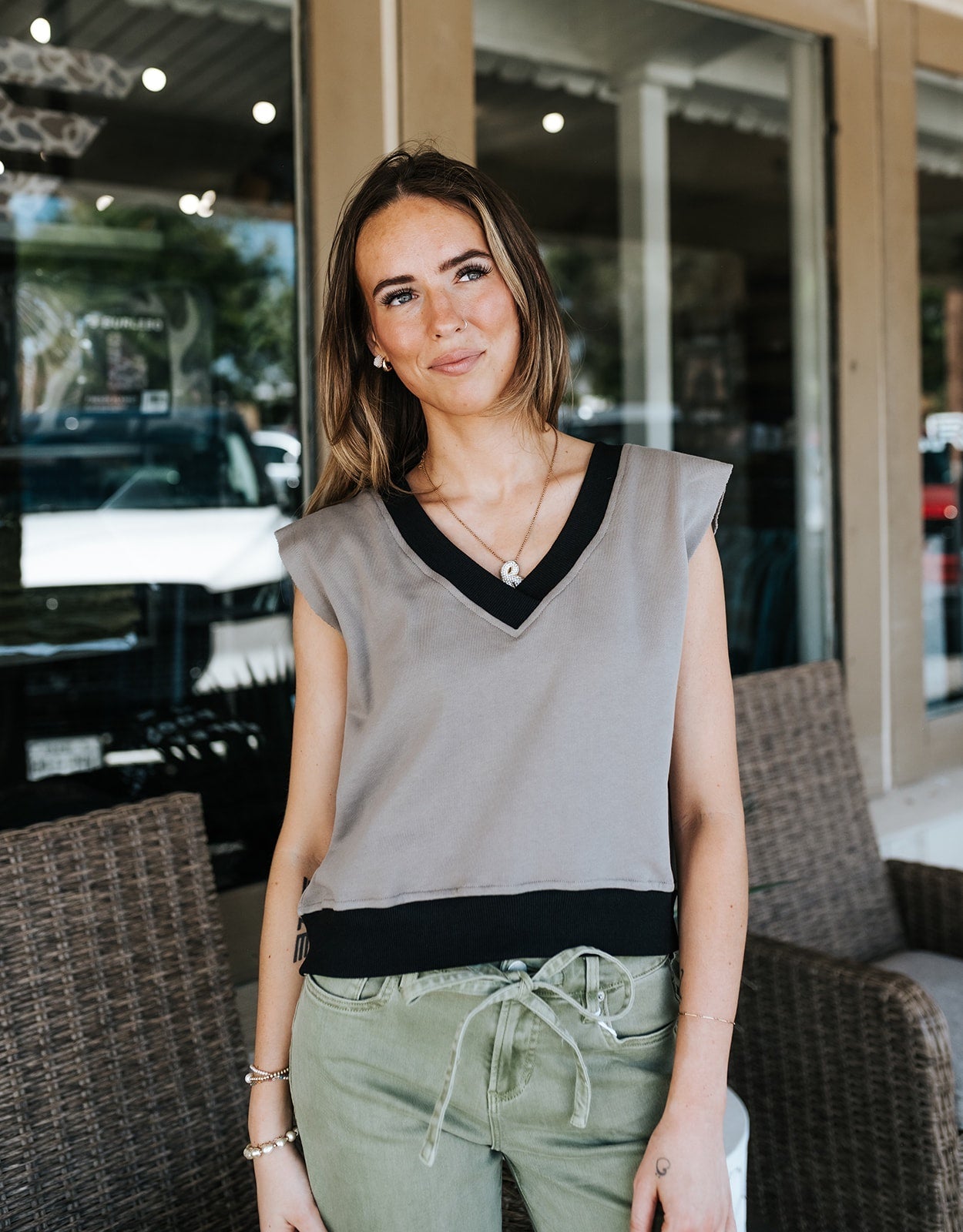 Taupe/Black V-Neck Vest FTB11701 - Southern Soule Designs