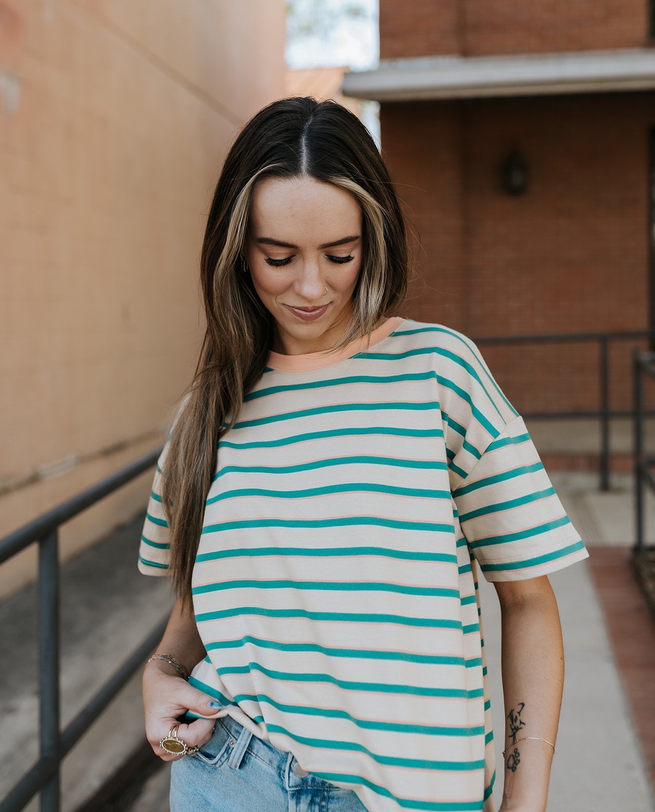 Taupe/Green Striped Boxy Knit Tee WL25 - 11477 - Southern Soule Designs