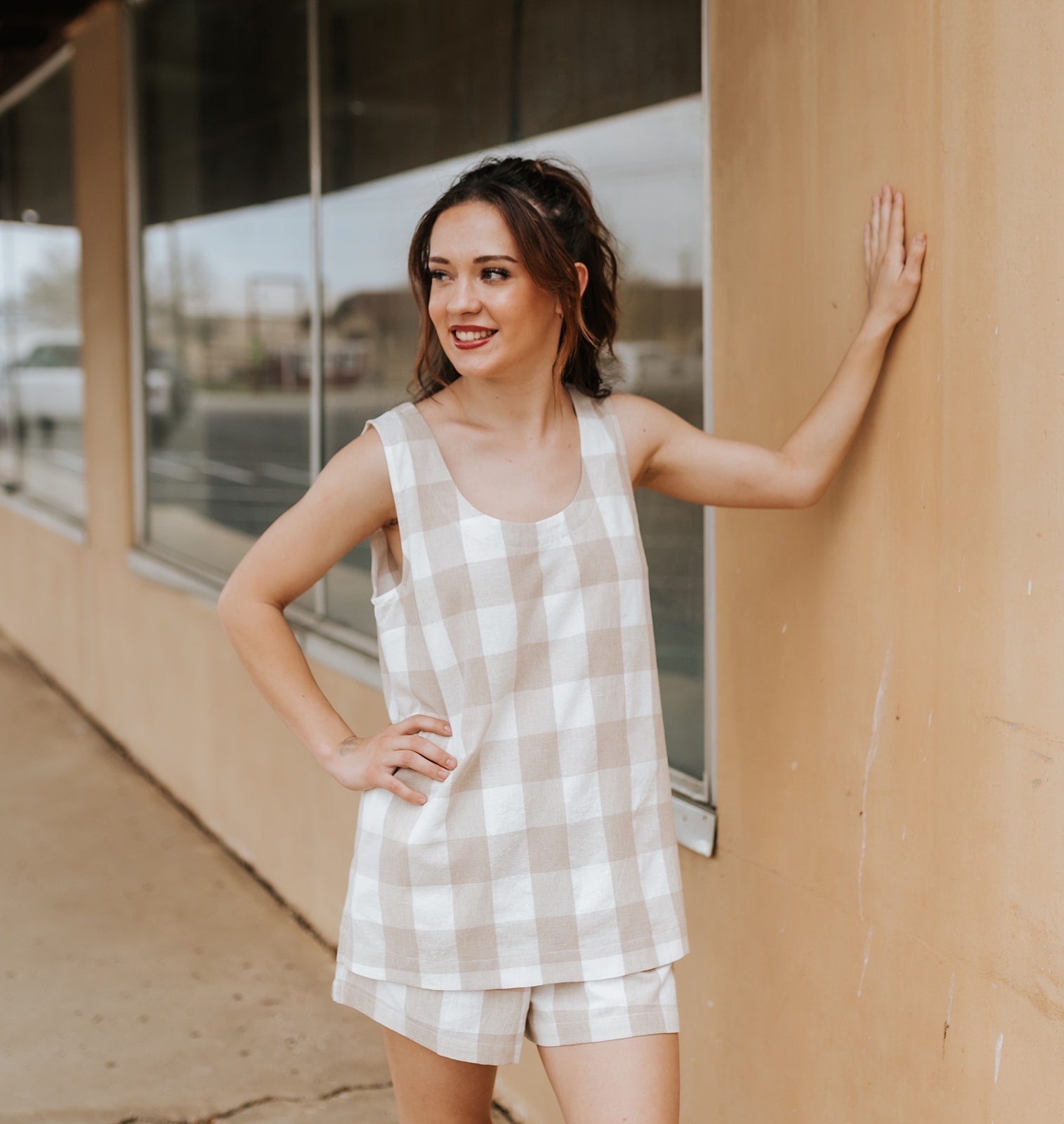 Taupe/Off White Gingham Tank and Short Set WL25 - 12285 - Southern Soule Designs