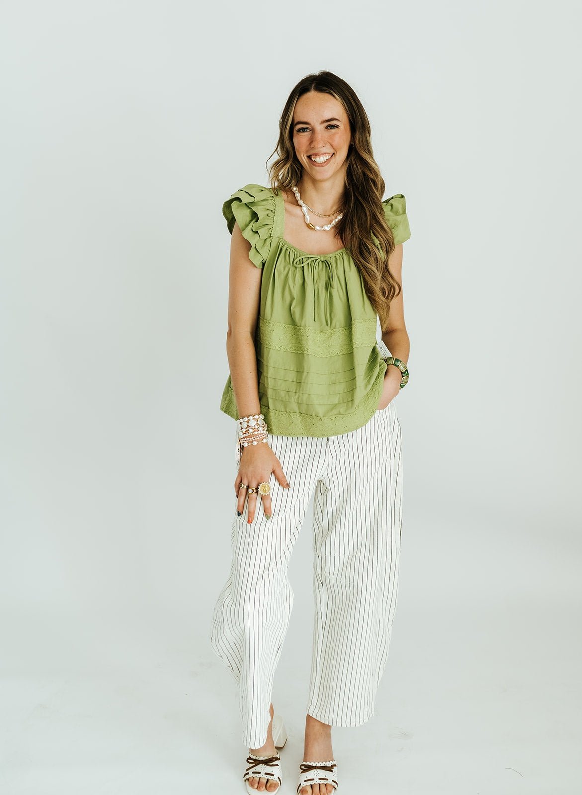 Tea Green Ruffle Blouse E3432T - Southern Soule Designs