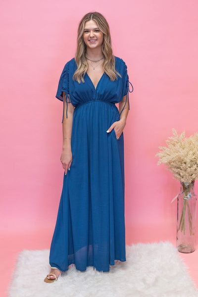 Teal Drawstring Slv Maxi Dress - Southern Soule Designs