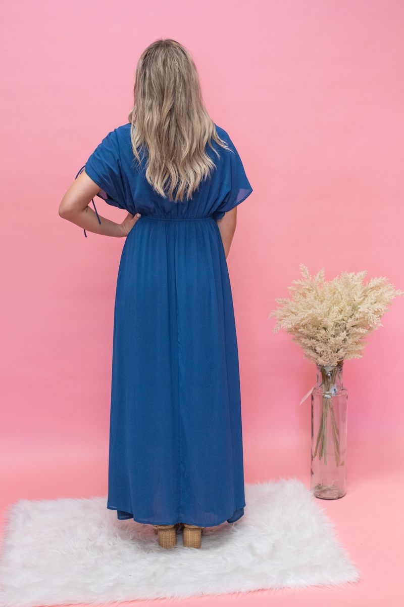 Teal Drawstring Slv Maxi Dress - Southern Soule Designs