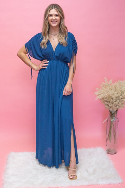 Teal Drawstring Slv Maxi Dress - Southern Soule Designs