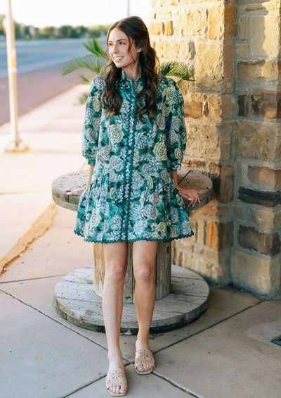 Teal Green Floral ¾ Puff Sleeve Mini Dress D25262 - Southern Soule Designs