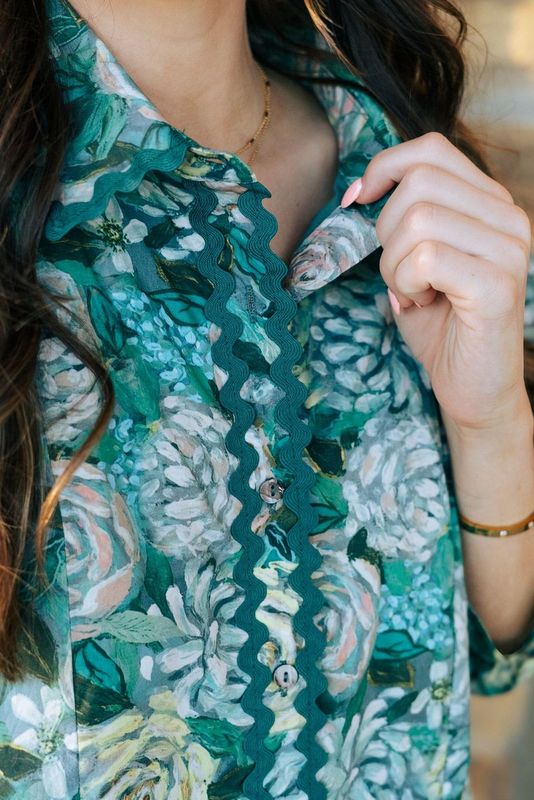 Teal Green Floral ¾ Puff Sleeve Mini Dress D25262 - Southern Soule Designs