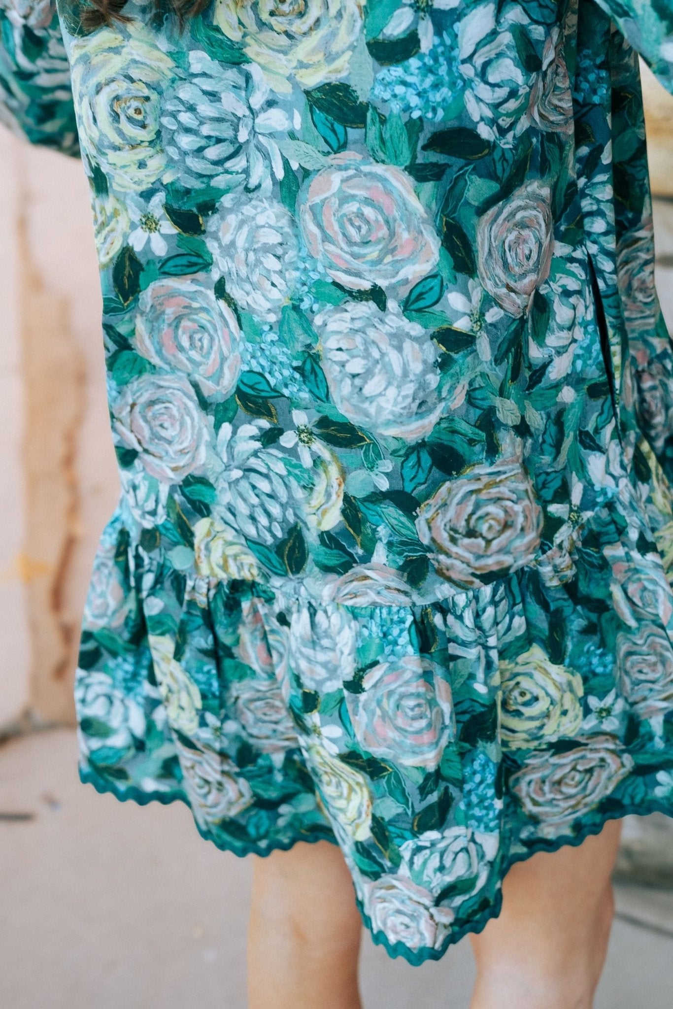 Teal Green Floral ¾ Puff Sleeve Mini Dress D25262 - Southern Soule Designs