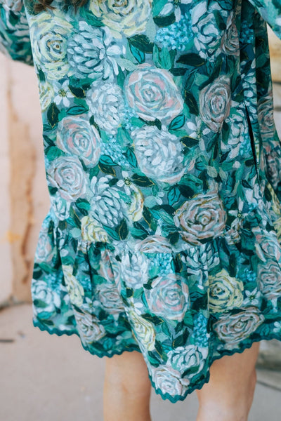 Teal Green Floral ¾ Puff Sleeve Mini Dress D25262 - Southern Soule Designs