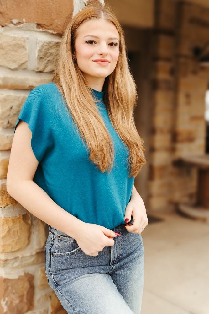 Teal Knit Mock Neck Short Sleeve Top SG8414 - Southern Soule Designs