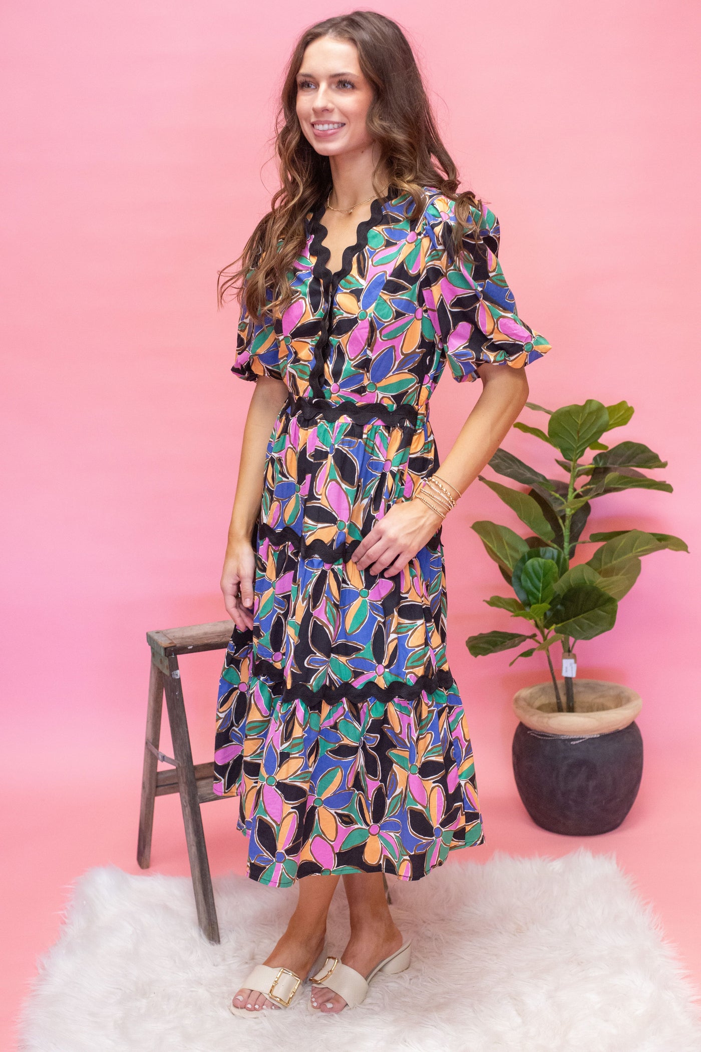 Multi Printed Ric Rac Dress UD2036