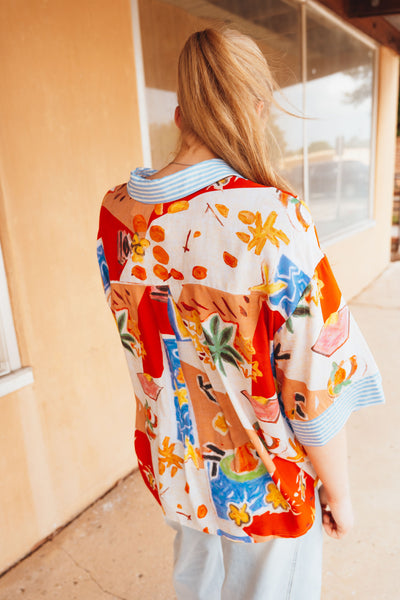 Colorful Printed Blouse with Blue/White Stripe Detail T25434