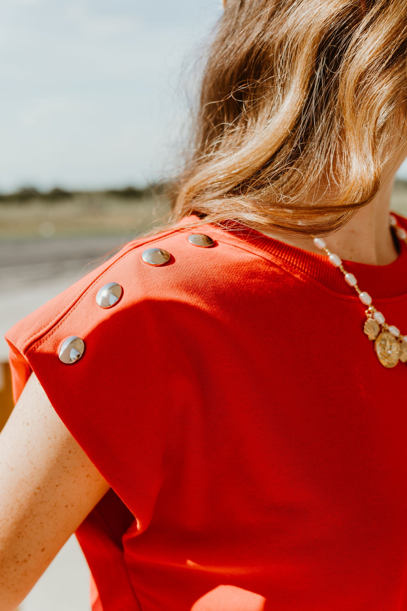 Red Short Sleeve Top with Shoulder Studs T26341