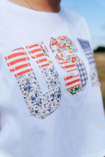 USA Patchwork Detail Short Sleeve Crop Top IKT39738 - 03 - Southern Soule Designs