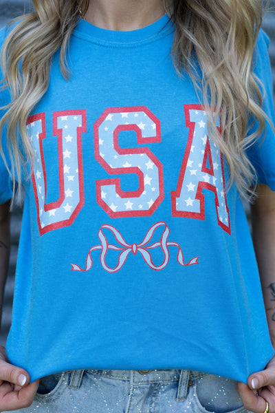 USA Stars & Bow Royal Blue Tee - Southern Soule Designs
