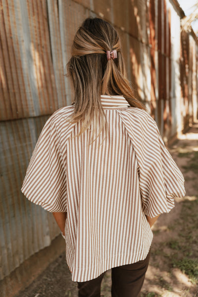 Pecan Striped Bubble Sleeve Button Down Top MTP3329