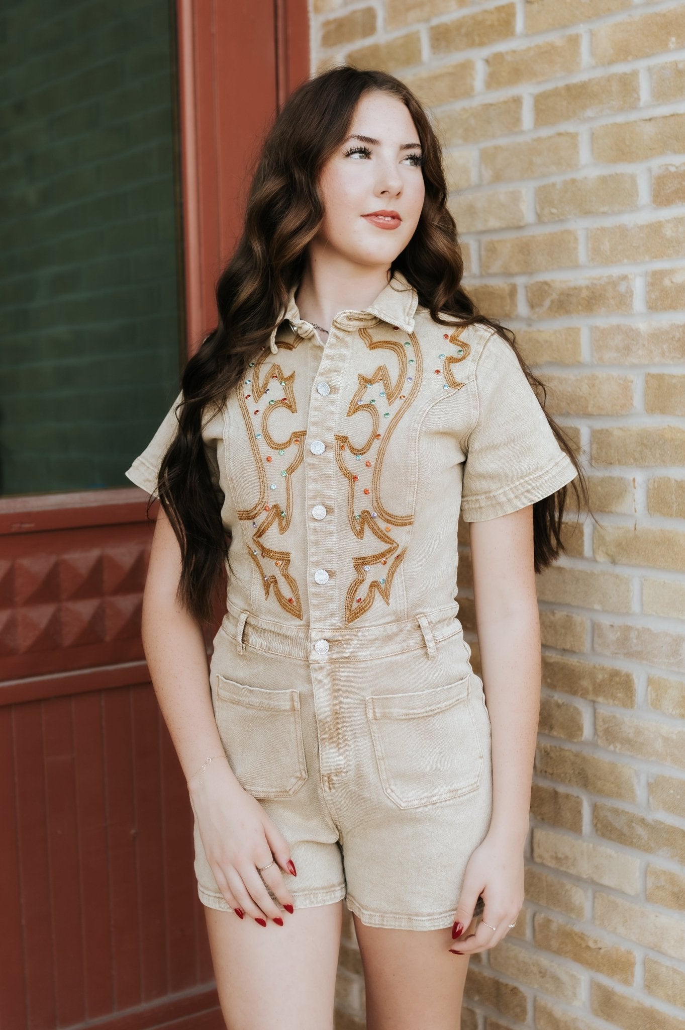 Washed Camel Rhinestone Romper 23502R - Southern Soule Designs