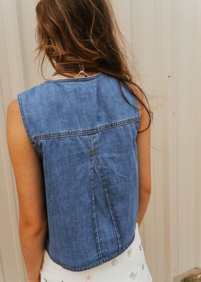 Washed Cobalt Denim Front Tie Vest LVT006 - Southern Soule Designs