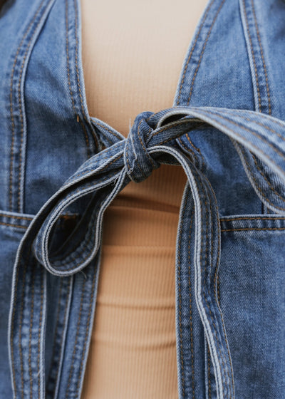 Washed Cobalt Denim Front Tie Vest LVT006 - Southern Soule Designs