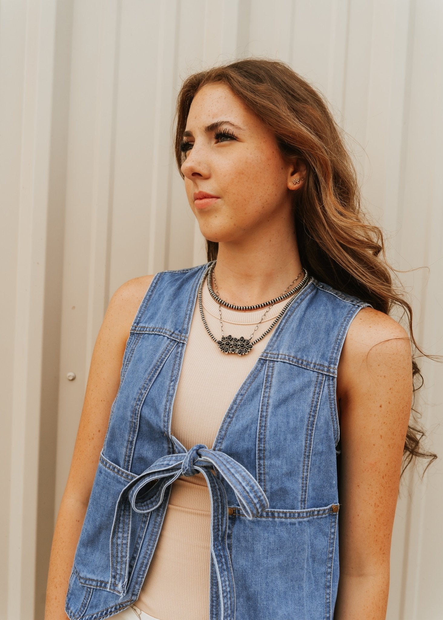 Washed Cobalt Denim Front Tie Vest LVT006 - Southern Soule Designs