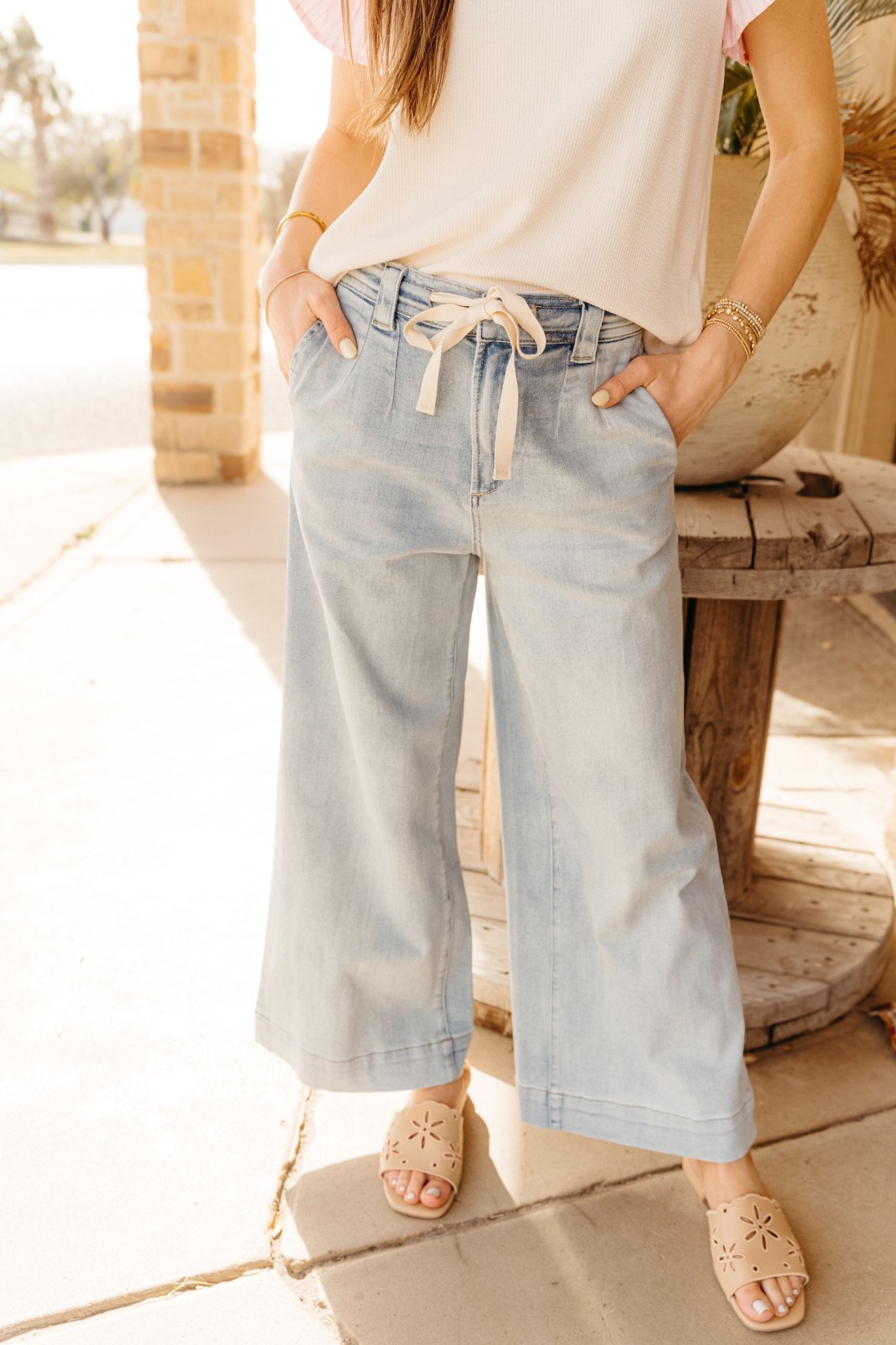 Washed Denim with Tie Front Pants P4880 - Southern Soule Designs