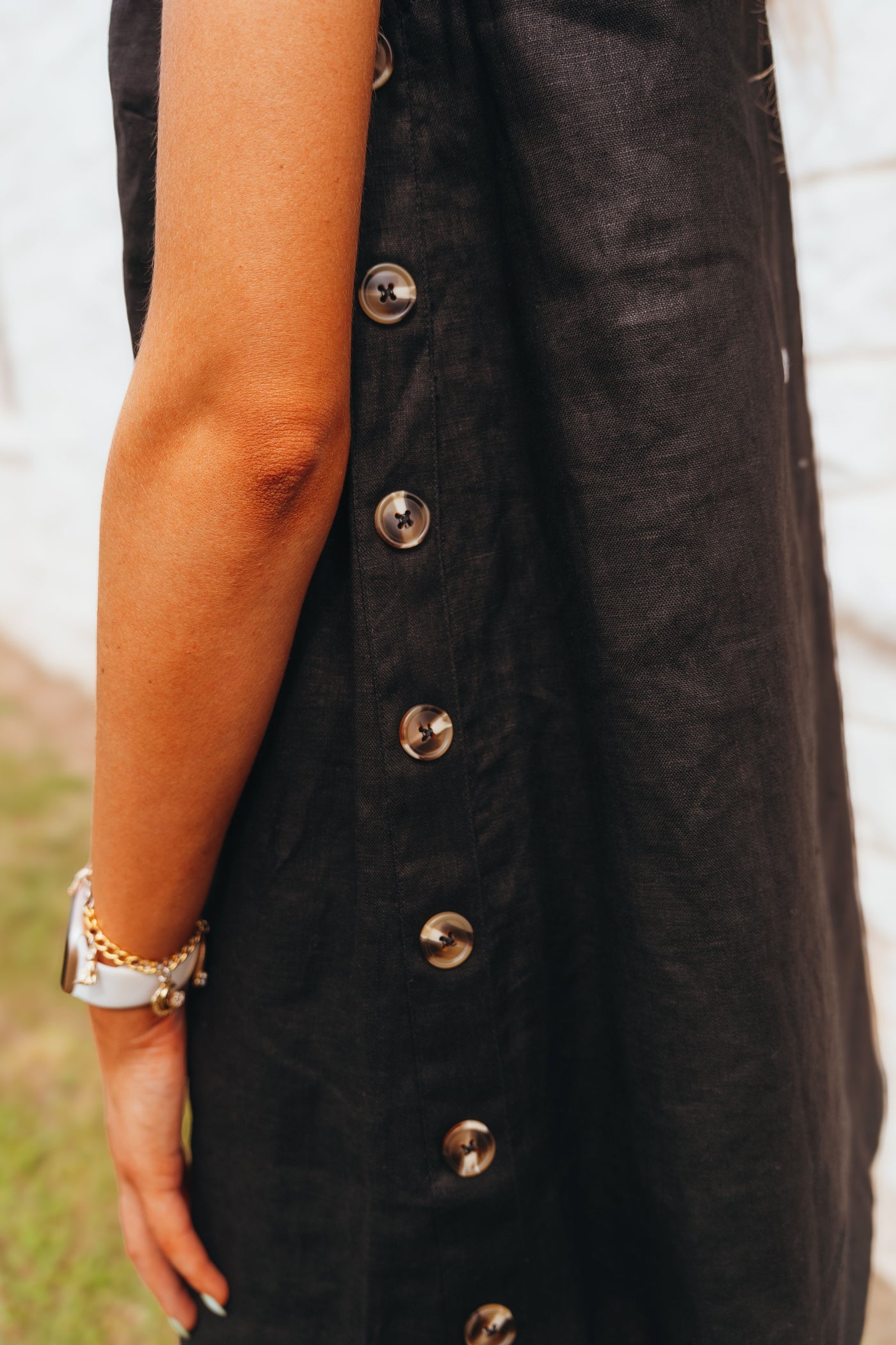 Black Button Detail Linen Dress D4619