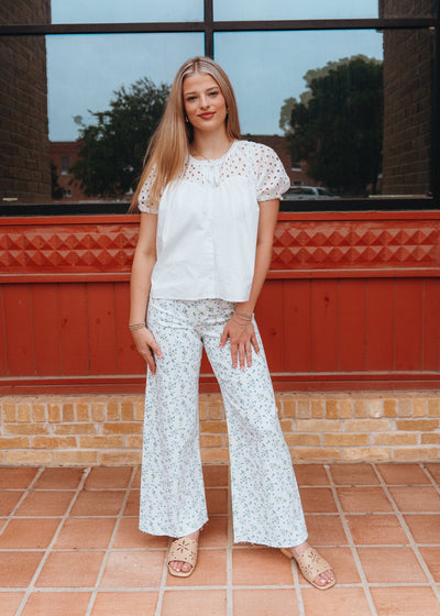 White/ Blue Floral Print Pants P4663ST - Southern Soule Designs