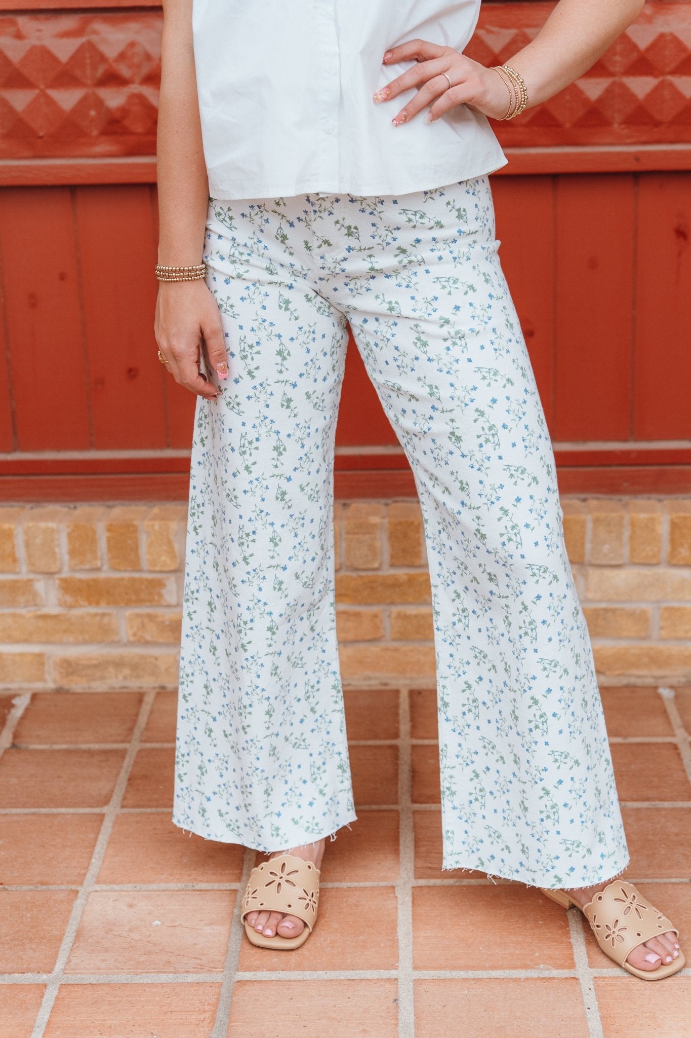 White/ Blue Floral Print Pants P4663ST - Southern Soule Designs