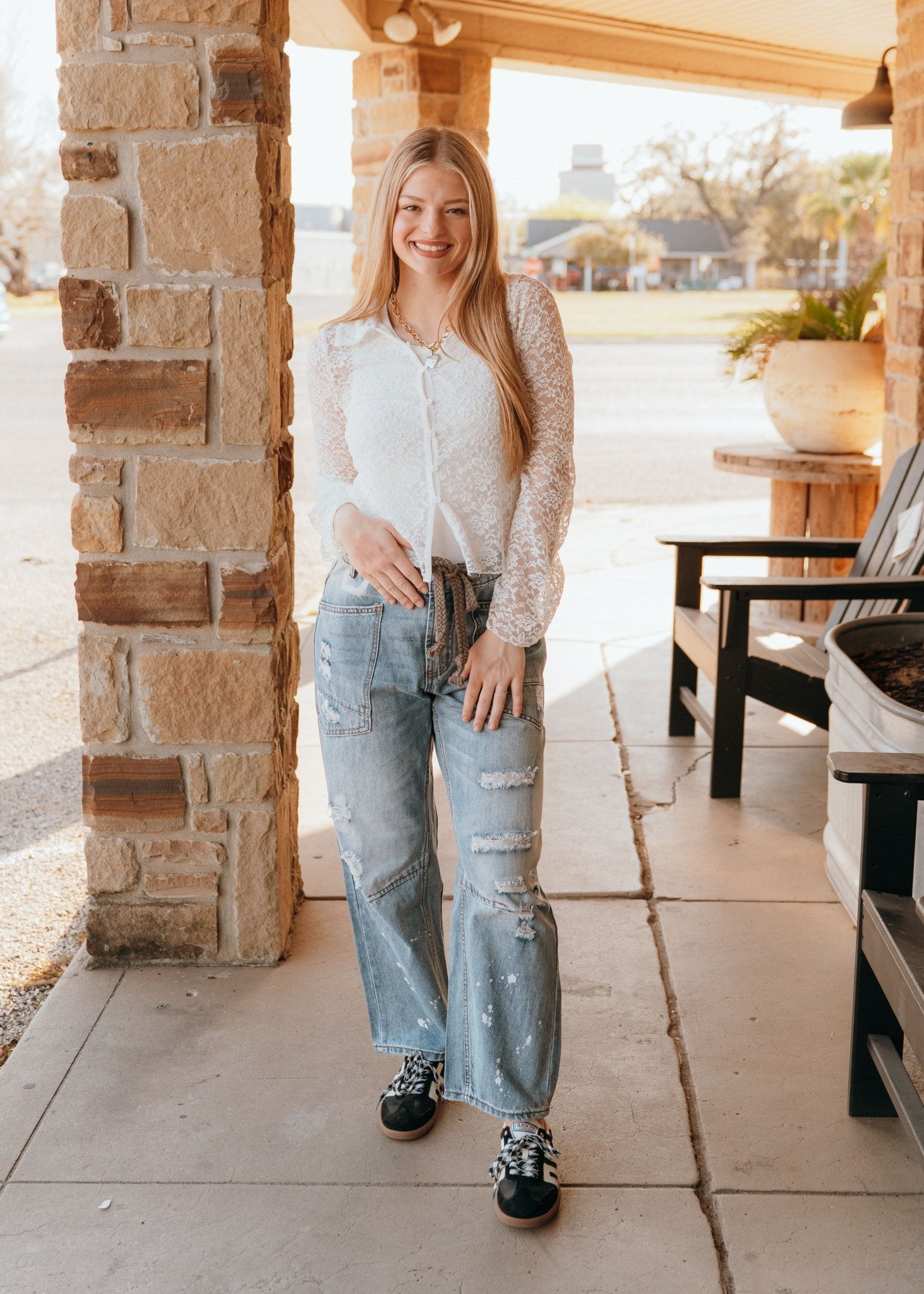 White Button Down Lace Top ST2813 - Southern Soule Designs