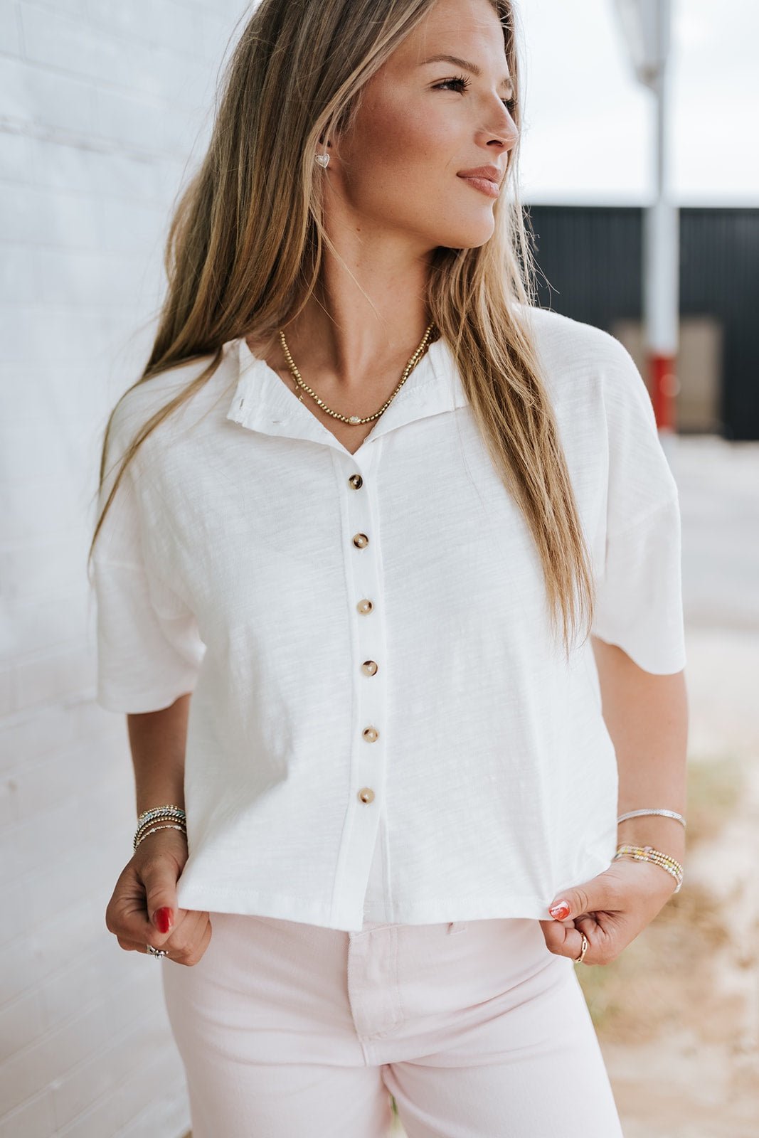 White Button Down Top ET7639 - Southern Soule Designs